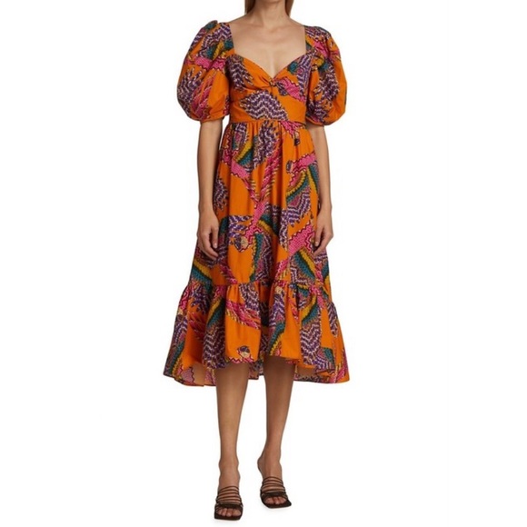 NWT farm rio Macau puff sleeve midi dress in orange - Picture 2 of 11